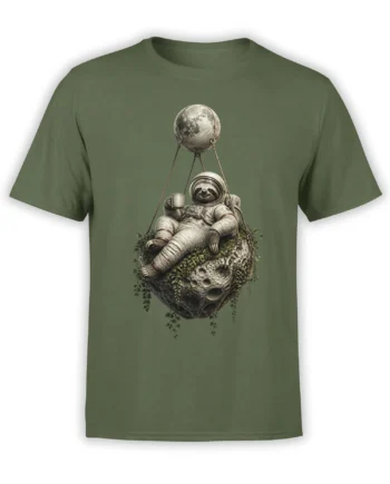 Olive green T-shirt featuring a relaxed sloth astronaut holding a cup on a moss-covered asteroid