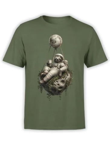 Olive green T-shirt featuring a relaxed sloth astronaut holding a cup on a moss-covered asteroid