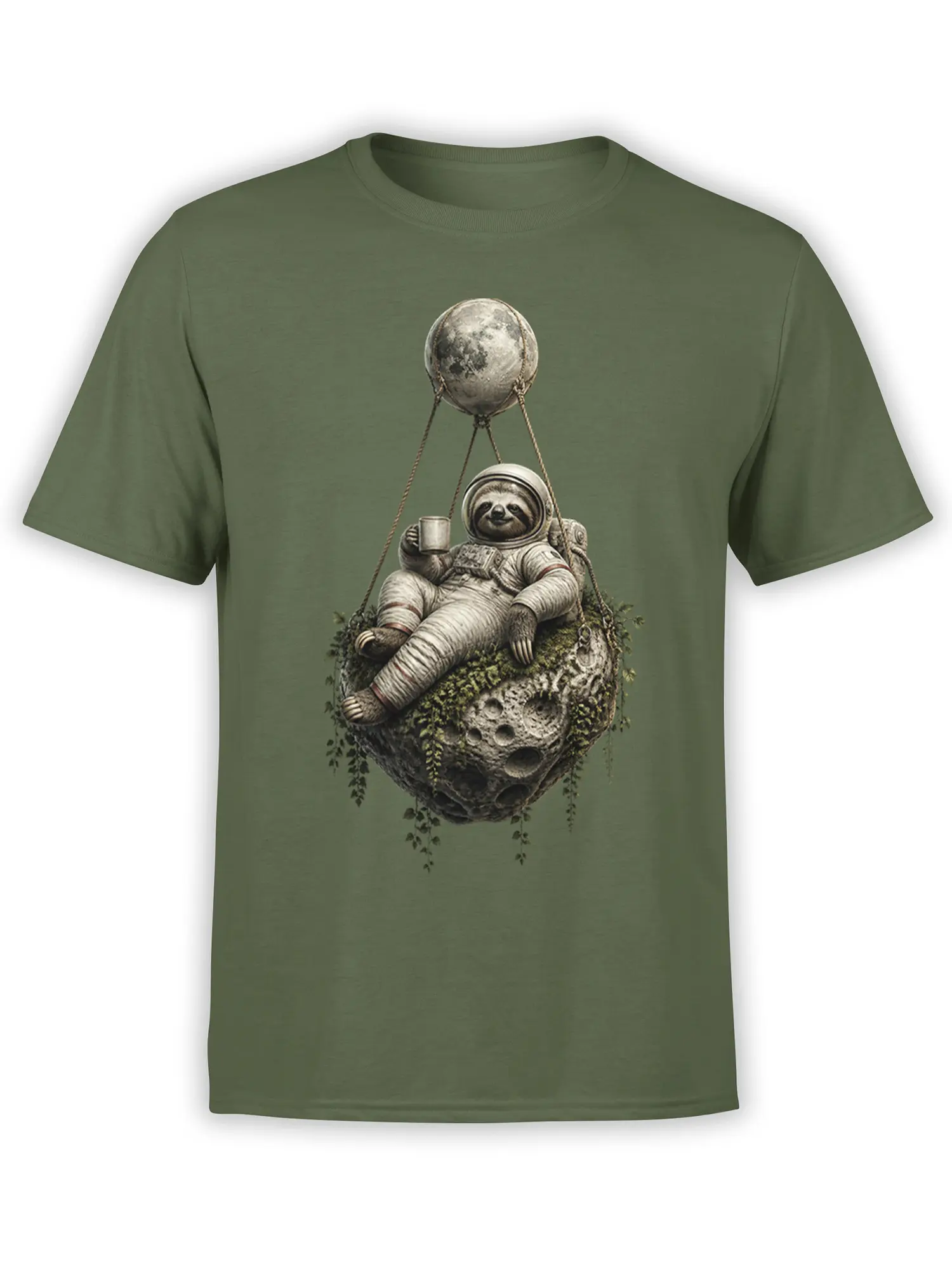 Olive green T-shirt featuring a relaxed sloth astronaut holding a cup on a moss-covered asteroid