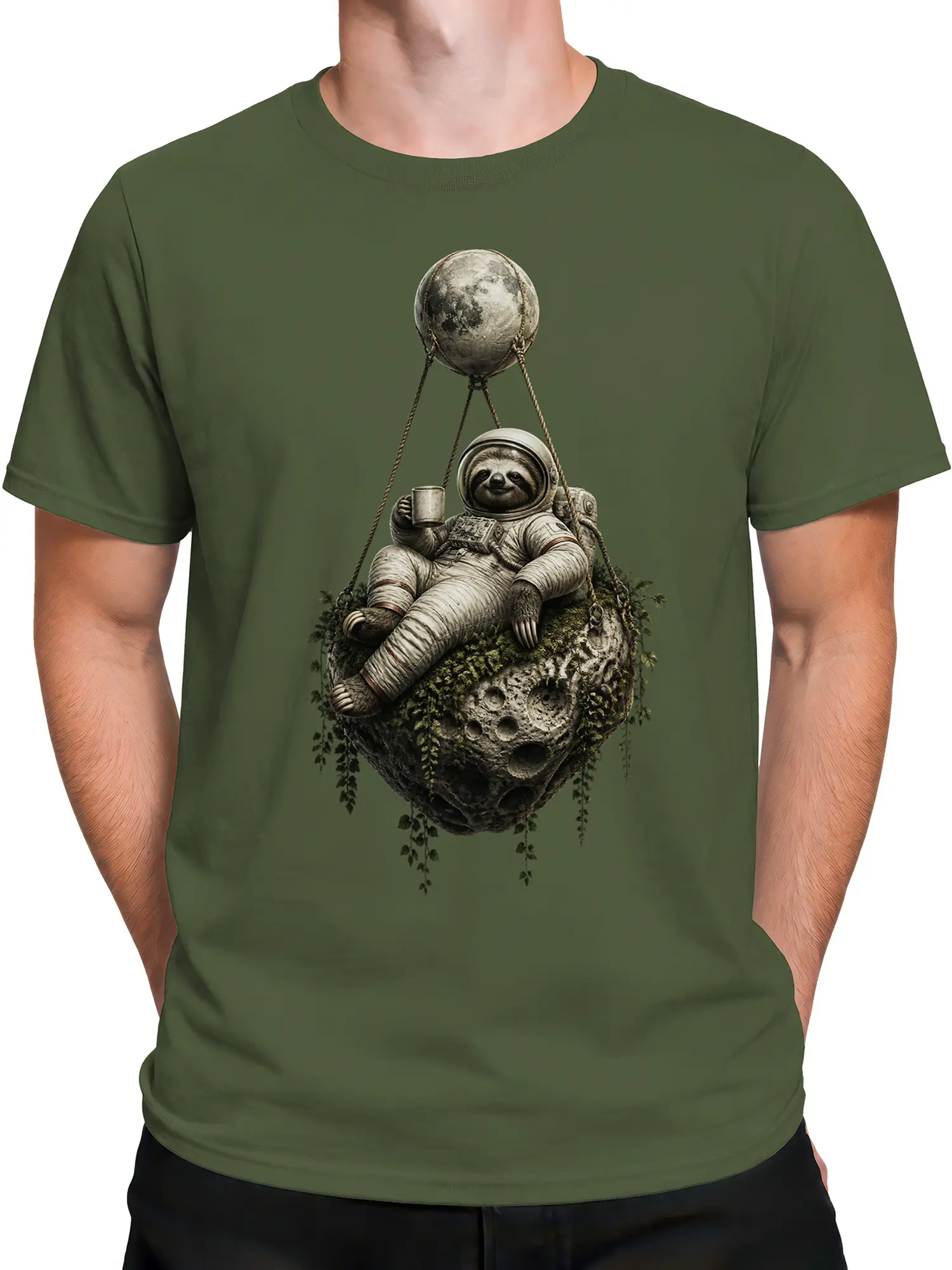 Male torso wearing an olive green T-shirt with a relaxed sloth astronaut space illustration