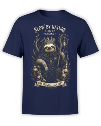 Crowned sloth graphic with skulls, candles, and the words Slow by Nature on a navy T-shirt