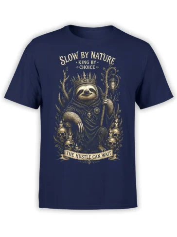 Crowned sloth graphic with skulls, candles, and the words Slow by Nature on a navy T-shirt