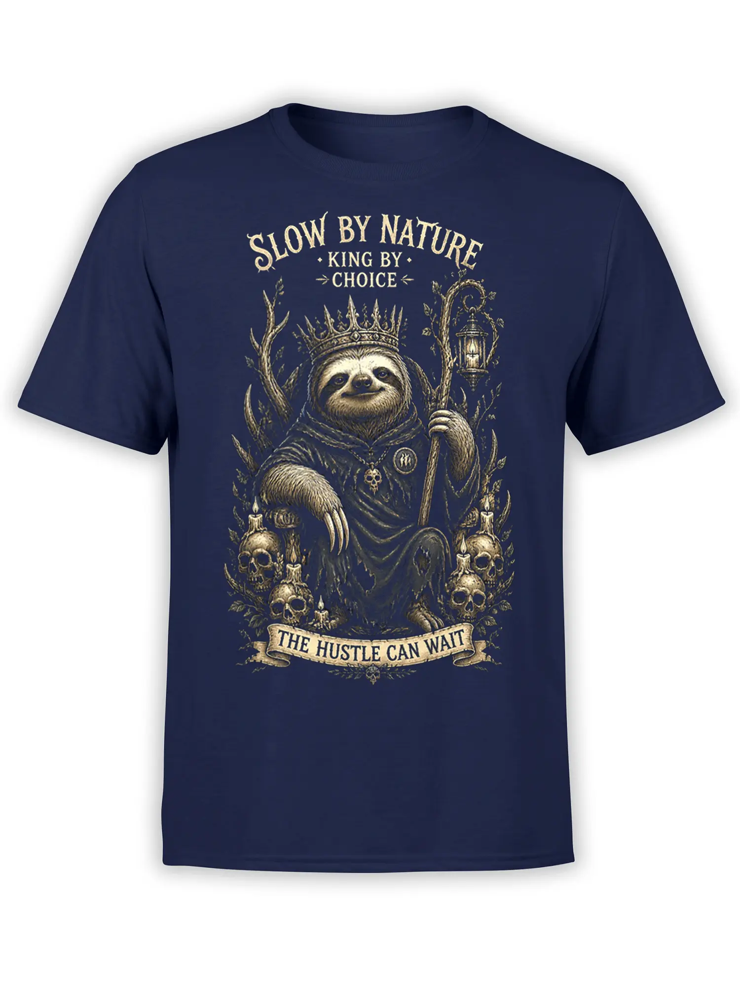 Crowned sloth graphic with skulls, candles, and the words Slow by Nature on a navy T-shirt