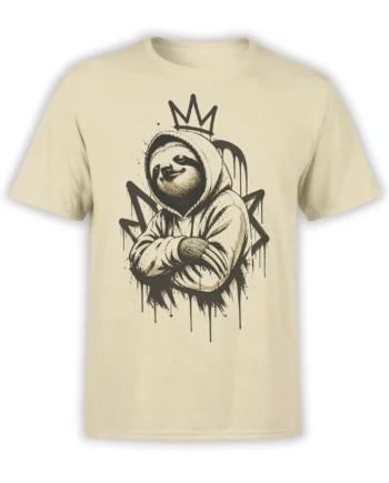 Hooded crowned sloth graphic with crossed arms and dripping black street art on a beige T-shirt