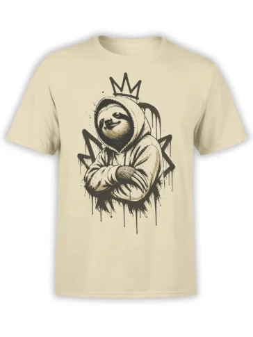 Hooded crowned sloth graphic with crossed arms and dripping black street art on a beige T-shirt