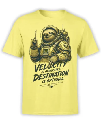 Yellow T-shirt with a relaxed sloth astronaut, space gear, and the message “Velocity Is Overrated”