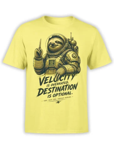 Yellow T-shirt with a relaxed sloth astronaut, space gear, and the message “Velocity Is Overrated”
