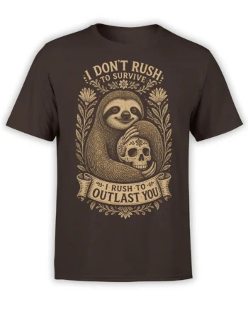 Brown sloth T-shirt with cream vintage artwork, a skull, flowers, and “I Don’t Rush to Survive” text