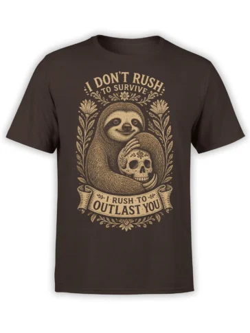 Brown sloth T-shirt with cream vintage artwork, a skull, flowers, and “I Don’t Rush to Survive” text