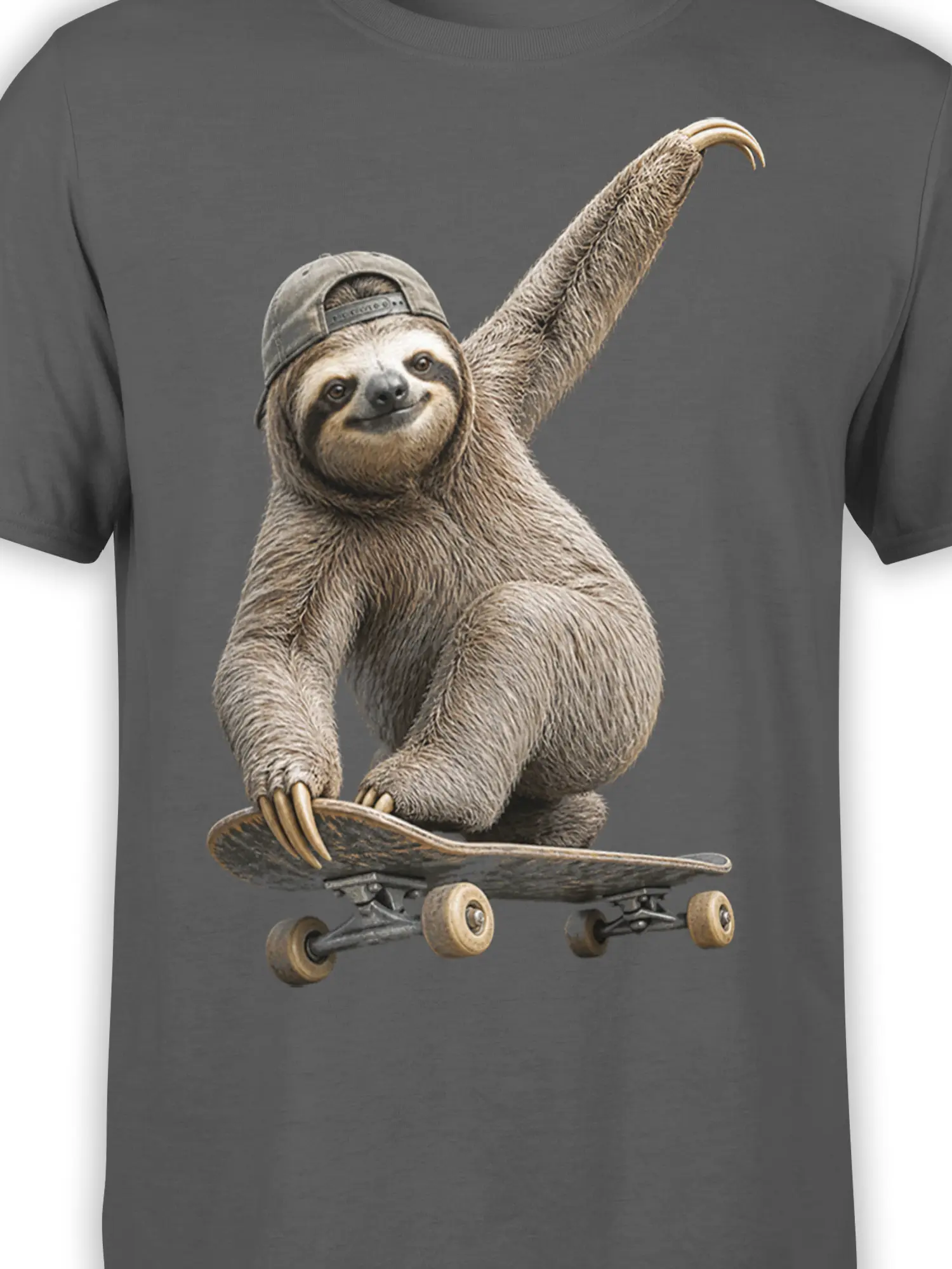 Close-up of a relaxed sloth skateboard design with a backward cap on a gray shirt