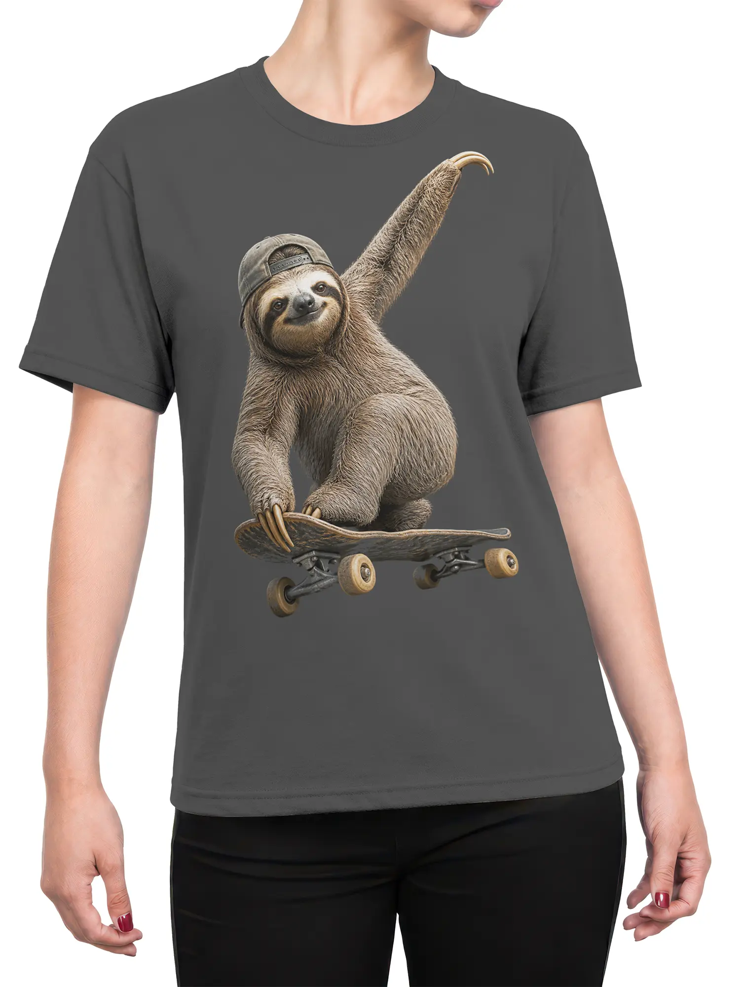 Female torso wearing a gray T-shirt with a sloth in a backward cap riding a skateboard