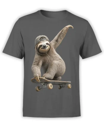 Detailed sloth wearing a backward cap and riding a skateboard on a gray T-shirt