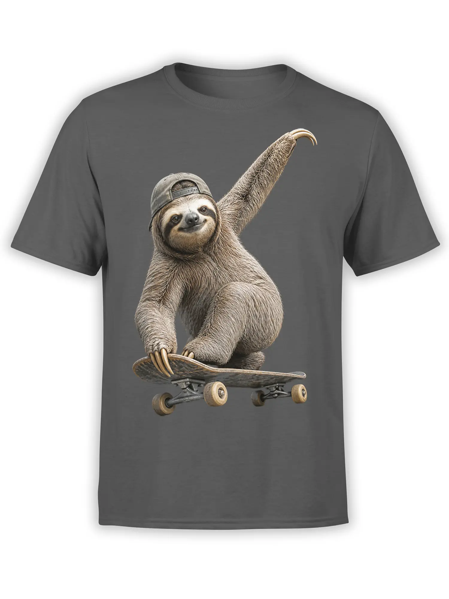 Detailed sloth wearing a backward cap and riding a skateboard on a gray T-shirt