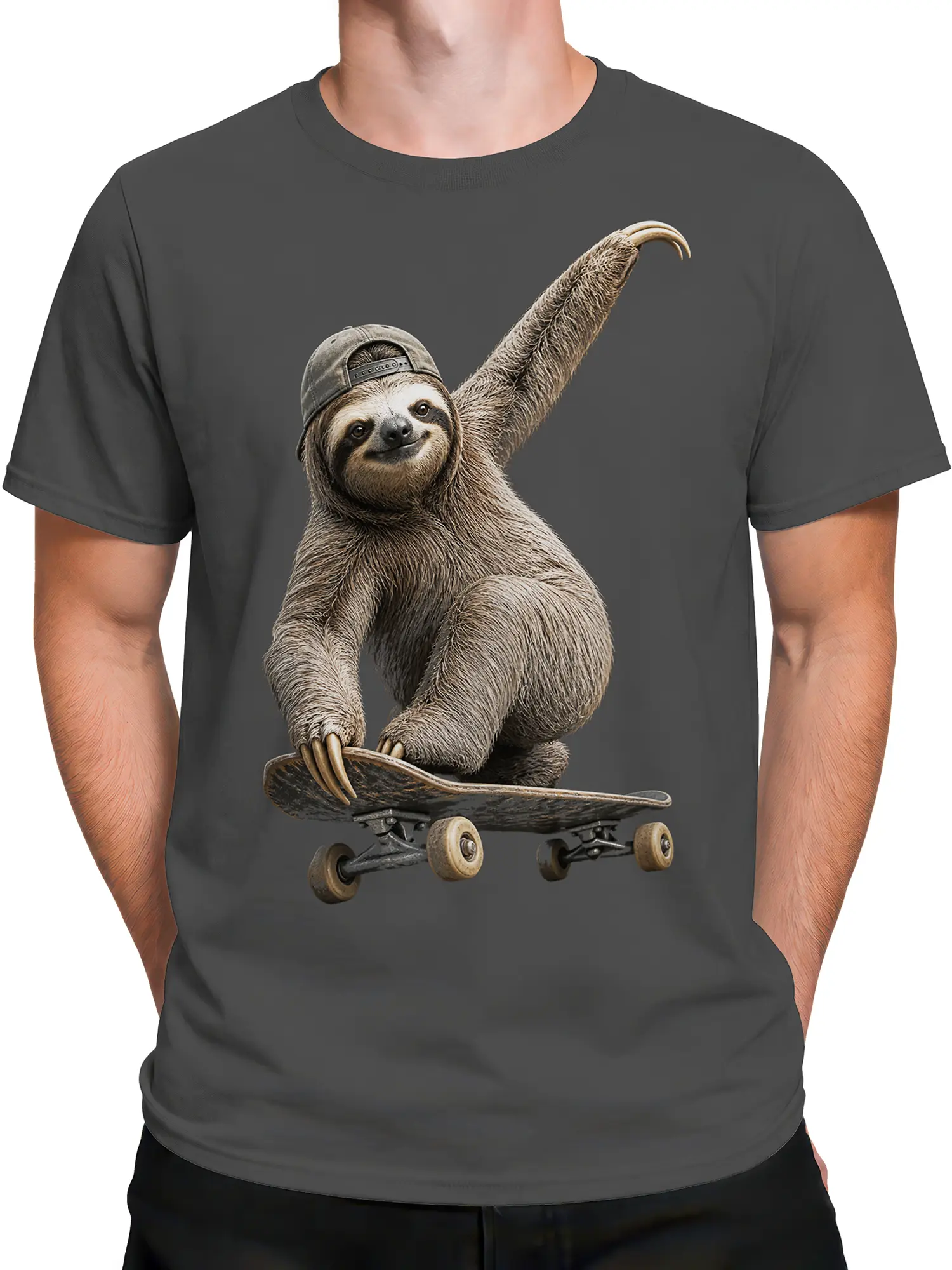 Male torso wearing a gray sloth skateboard T-shirt with a backward cap design