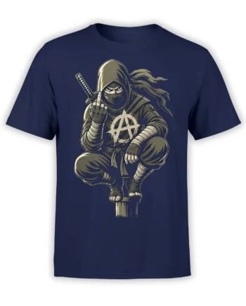 Masked ninja crouching with a sword, middle finger, and anarchy symbol on a navy T-shirt