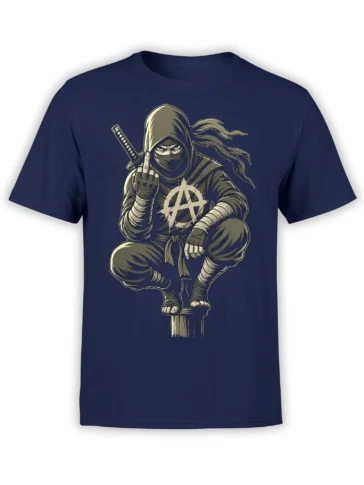 Masked ninja crouching with a sword, middle finger, and anarchy symbol on a navy T-shirt