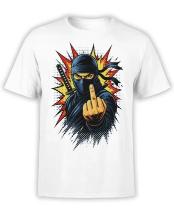White T-shirt with a masked ninja holding a sword and making a rude gesture in comic-book style