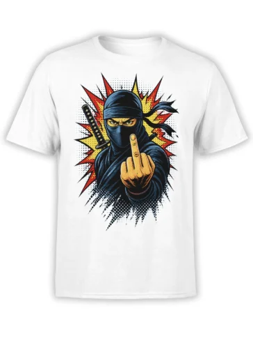 White T-shirt with a masked ninja holding a sword and making a rude gesture in comic-book style