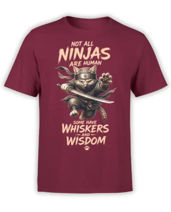 Masked ninja cat with a sword and whisker wisdom lettering on a burgundy graphic T-shirt