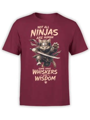 Masked ninja cat with a sword and whisker wisdom lettering on a burgundy graphic T-shirt