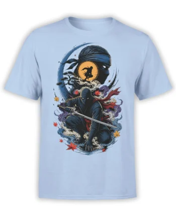 Light blue ninja t-shirt featuring a masked sword warrior, glowing moon, swirling waves, and autumn leaves