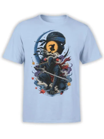 Light blue ninja t-shirt featuring a masked sword warrior, glowing moon, swirling waves, and autumn leaves
