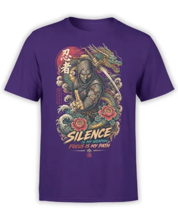 Purple ninja t-shirt with katana, blue-green dragon, waves, flowers, and “Silence Is My Weapon” artwork