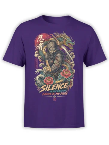 Purple ninja t-shirt with katana, blue-green dragon, waves, flowers, and “Silence Is My Weapon” artwork