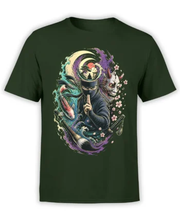 Green ninja T-shirt with koi fish, oni mask, waves, cherry blossoms, moon, katana, and brush artwork