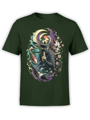 Green ninja T-shirt with koi fish, oni mask, waves, cherry blossoms, moon, katana, and brush artwork
