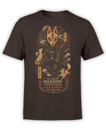 Brown T-shirt with a masked ninja, fox mask, serpents, fox-like creatures, and Silent Shadow lettering