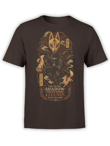 Brown T-shirt with a masked ninja, fox mask, serpents, fox-like creatures, and Silent Shadow lettering