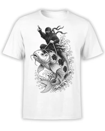 White fish T-shirt with a masked ninja riding a giant fish through detailed curling ocean waves