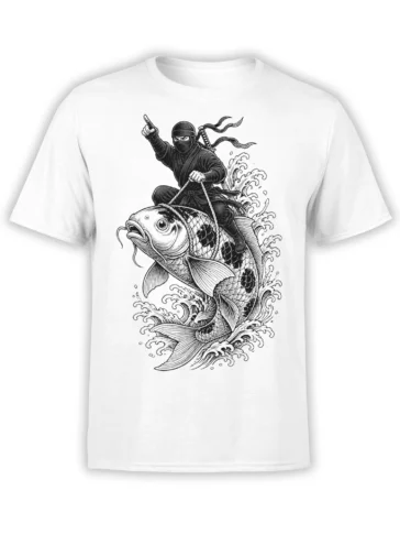 White fish T-shirt with a masked ninja riding a giant fish through detailed curling ocean waves