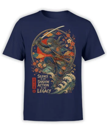 Masked ninja with katana, waves, blossoms, and legacy motto printed on a navy T-shirt