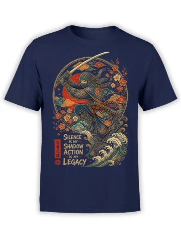 Masked ninja with katana, waves, blossoms, and legacy motto printed on a navy T-shirt