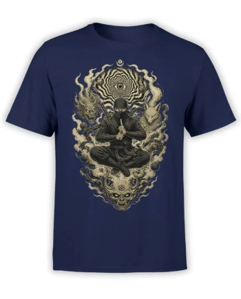 Medicating masked ninja with sword and mystical eye artwork on a navy fantasy T-shirt