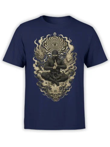 Medicating masked ninja with sword and mystical eye artwork on a navy fantasy T-shirt