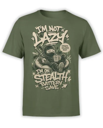 Green T-shirt with a masked resting ninja holding a remote and mug beside bold energy-saving text