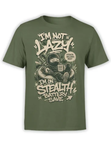 Green T-shirt with a masked resting ninja holding a remote and mug beside bold energy-saving text
