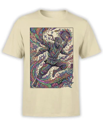 Colorful masked ninja warrior surrounded by stars and flowers on a beige graphic T-shirt