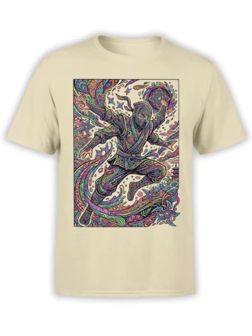 Colorful masked ninja warrior surrounded by stars and flowers on a beige graphic T-shirt