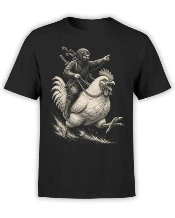 Masked sword-bearing rider charging on a rooster, printed in monochrome on a black T-shirt
