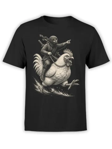 Masked sword-bearing rider charging on a rooster, printed in monochrome on a black T-shirt