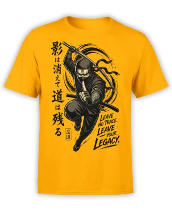 Yellow ninja t-shirt with masked warrior, katana, Japanese characters, and Leave No Trace Legacy artwork