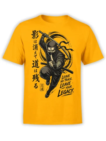 Yellow ninja t-shirt with masked warrior, katana, Japanese characters, and Leave No Trace Legacy artwork