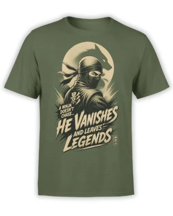 Olive green ninja T-shirt with masked warrior, moon backdrop, and bold “He Vanishes and Leaves Legends” artwork