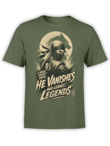 Olive green ninja T-shirt with masked warrior, moon backdrop, and bold “He Vanishes and Leaves Legends” artwork