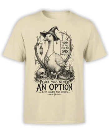 Beige goose graphic tee with witch hat, skull, spellbook, candle, and the text “Peace Was Never an Option”