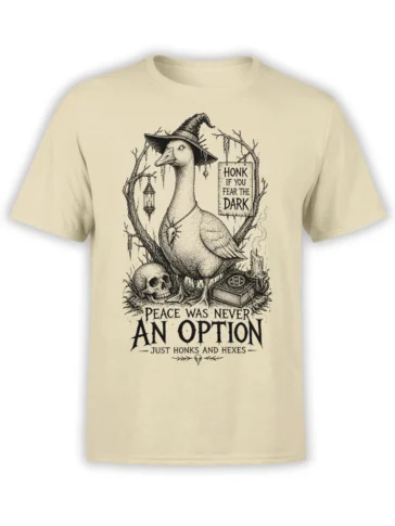 Beige goose graphic tee with witch hat, skull, spellbook, candle, and the text “Peace Was Never an Option”
